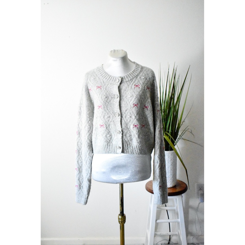 Jessica Simpson Cardigan Womens Large Gray Y2K Coquette Pink Bow Cropped Knit